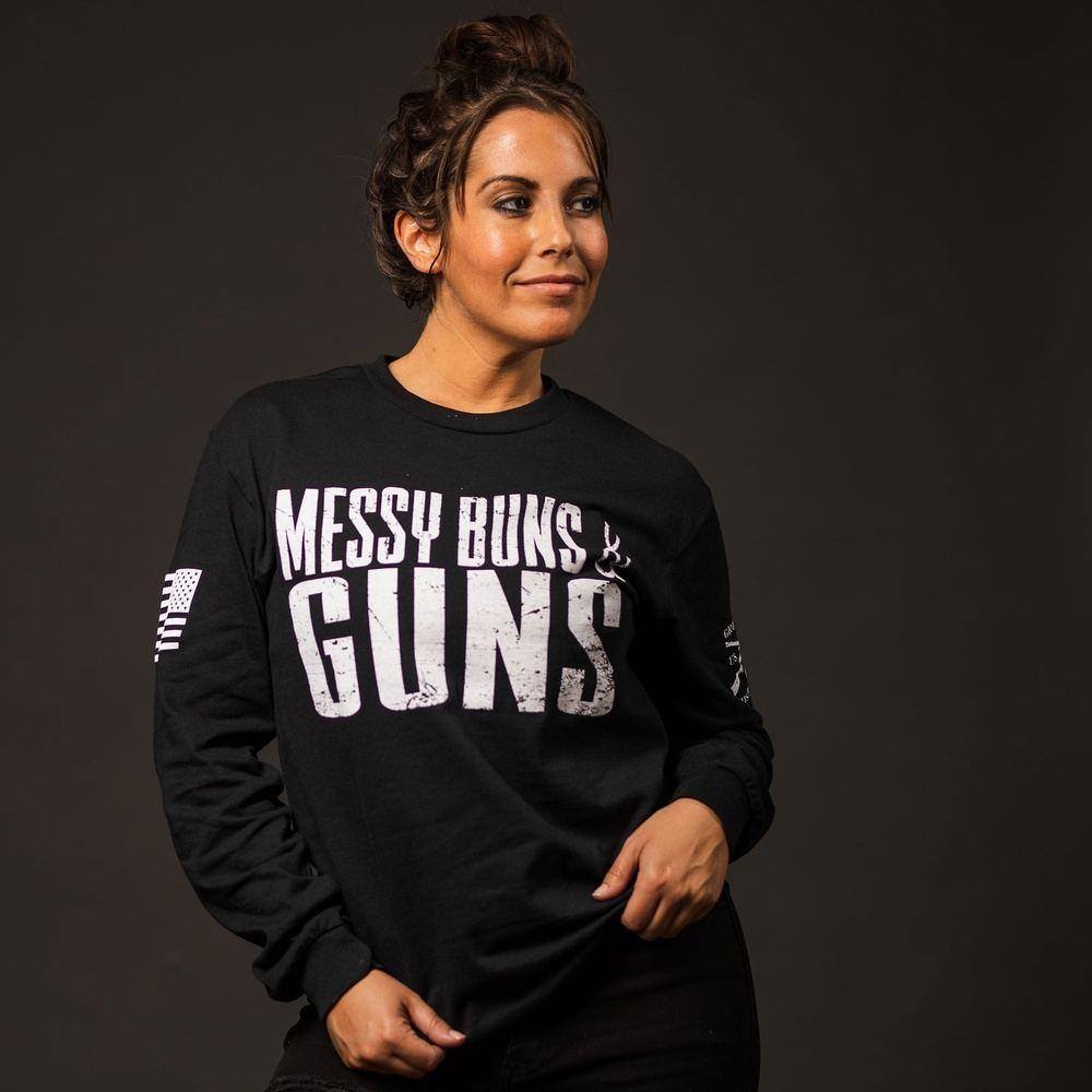 Black Long Sleeve Tee for Women - Messy Buns & Guns