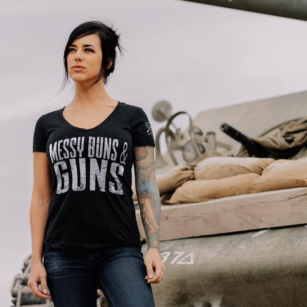 Black V-Neck Tee for Women - Messy Buns & Guns