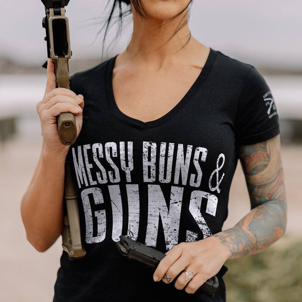 Black V-Neck Tee for Women - Messy Buns & Guns