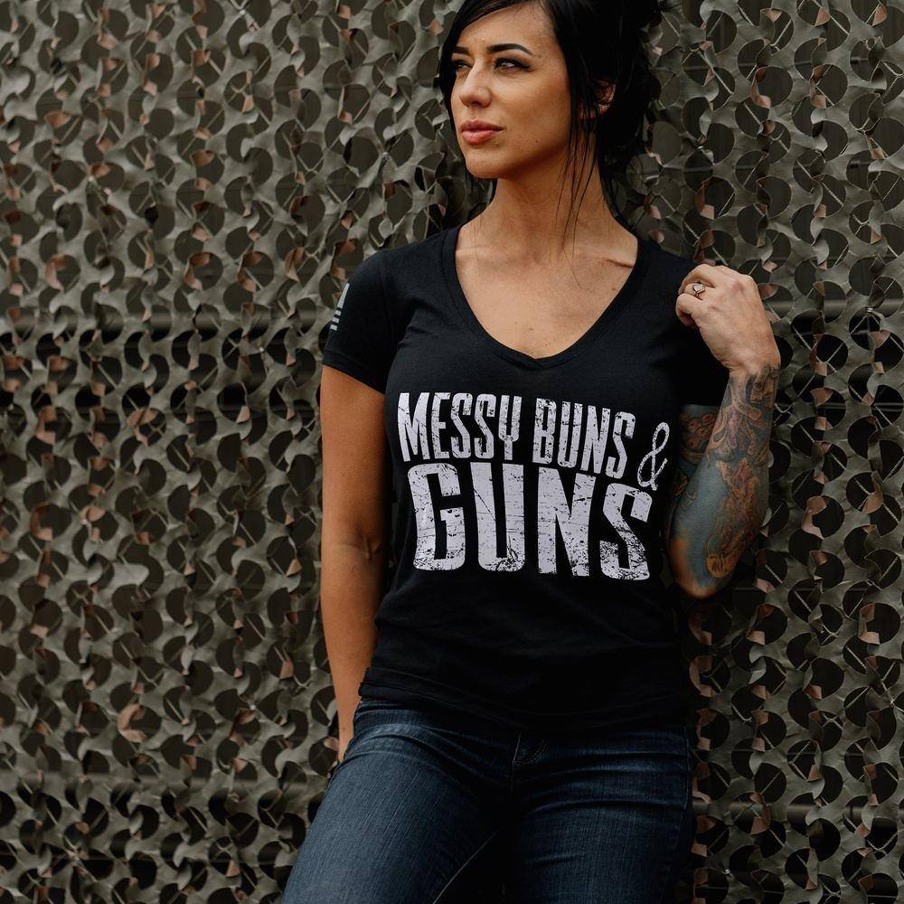 Black V-Neck Tee for Women - Messy Buns & Guns