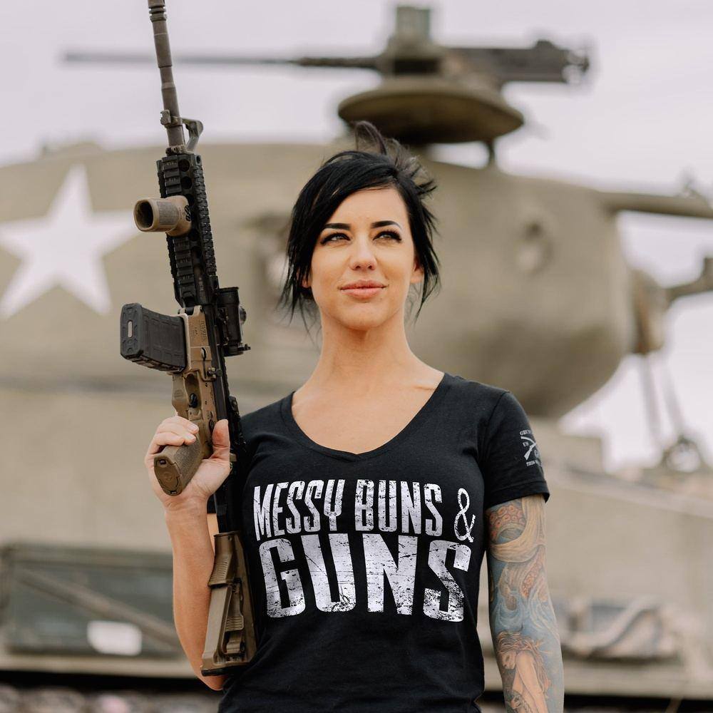 Black V-Neck Tee for Women - Messy Buns & Guns