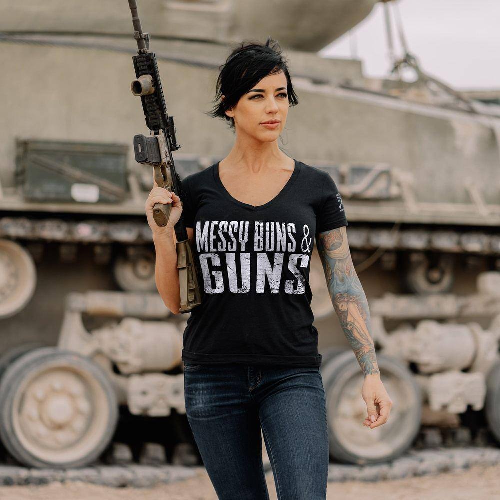 Black V-Neck Tee for Women - Messy Buns & Guns