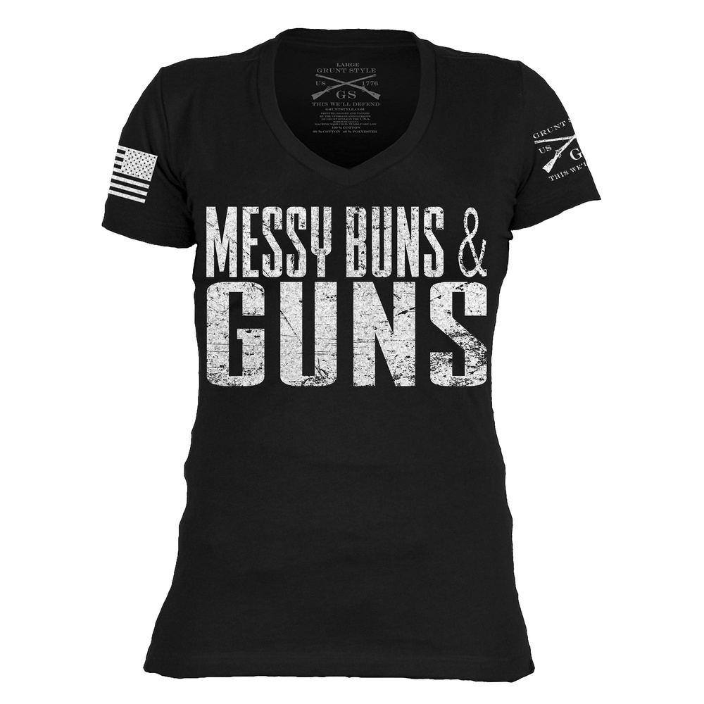 Black V-Neck Tee for Women - Messy Buns & Guns