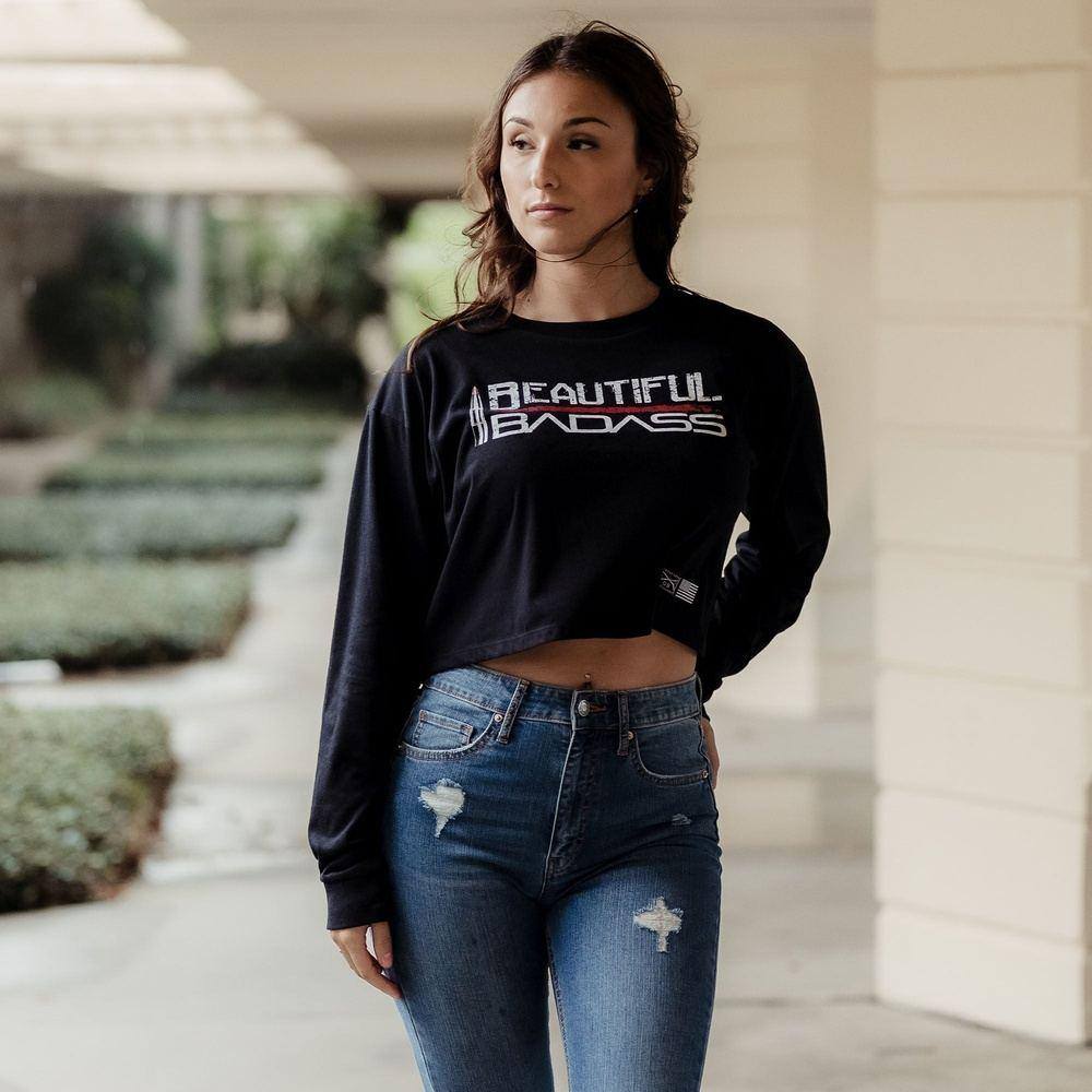 Badass Cropped Long Sleeve Tee for Women - Black