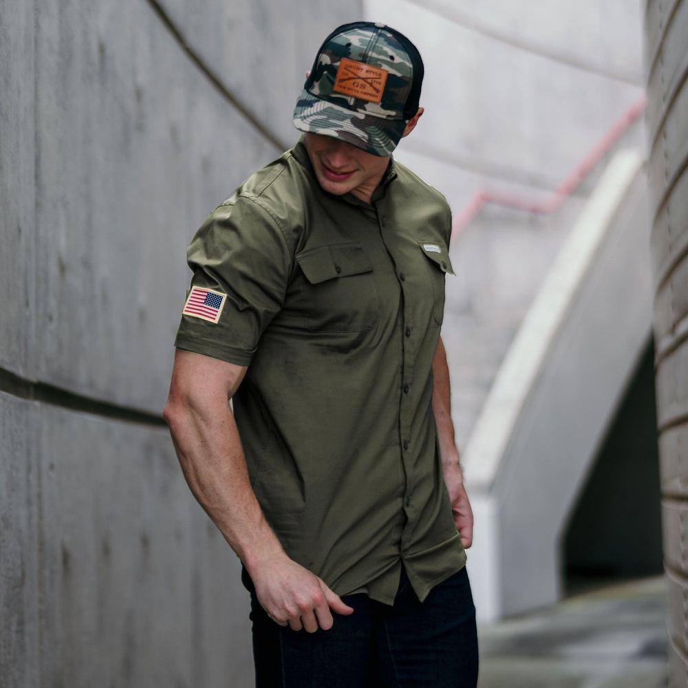 Military Green Men's Work Shirt for Garage Wear